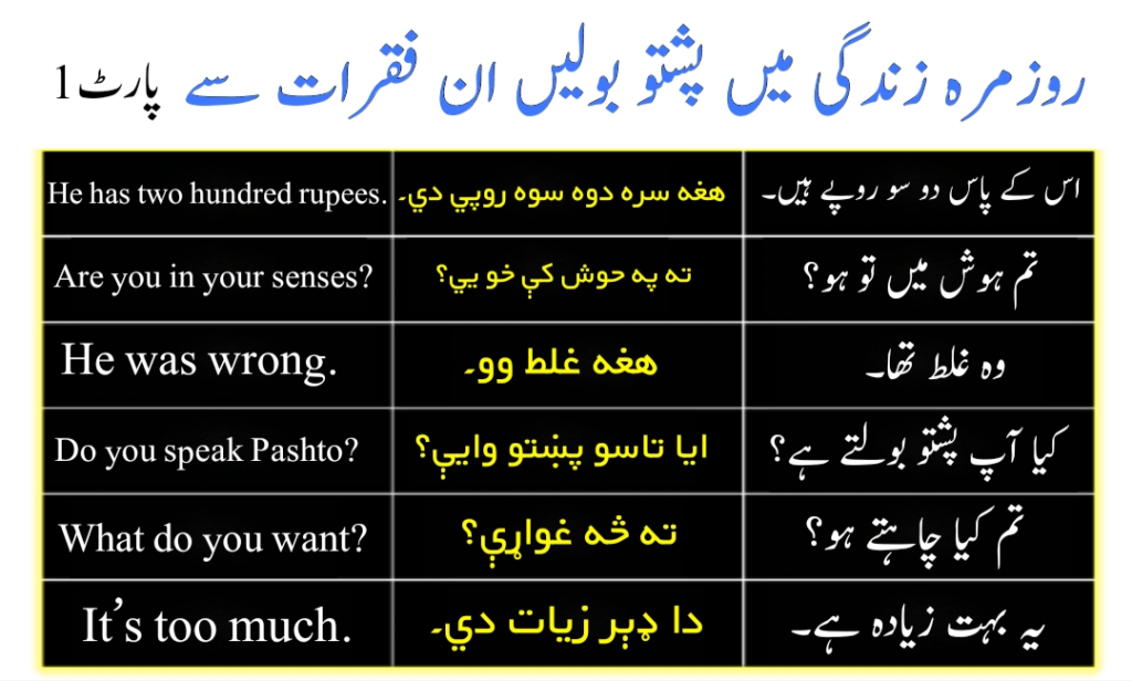 Pashto to English and urdu sentences